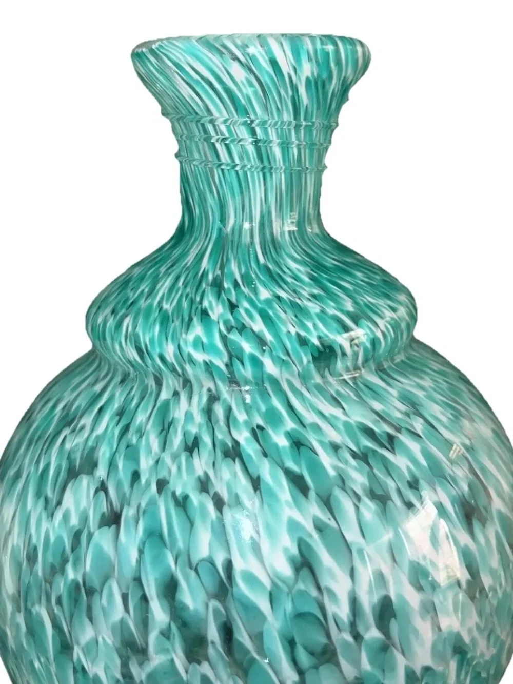 Vintage Pier 1 Art Glass Vase - Turquoise & White Swirl Confetti Spatter 10”